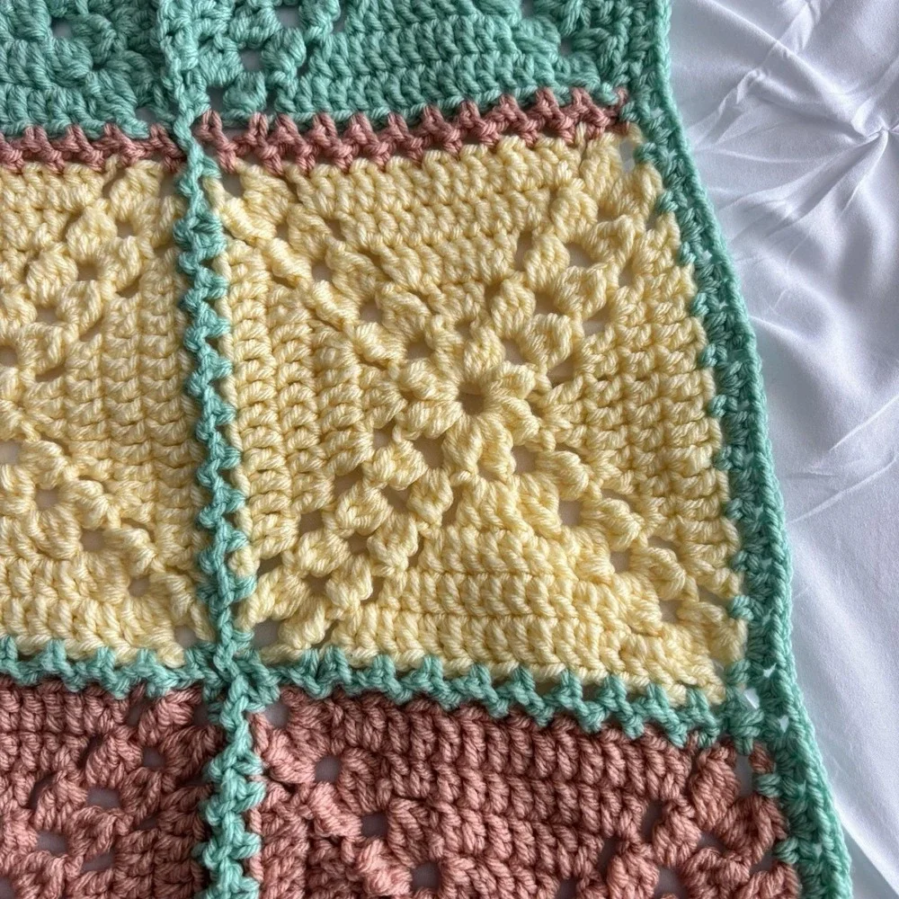 Vintage Afghan Blanket Knit Handmade Crochet Baby Throw Mint Salmon Yellow 34x40